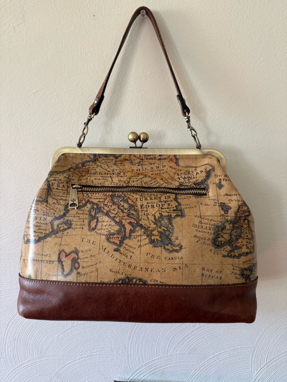 Patricia Nash Brown & Tan Map-Print Frame Shoulder Bag